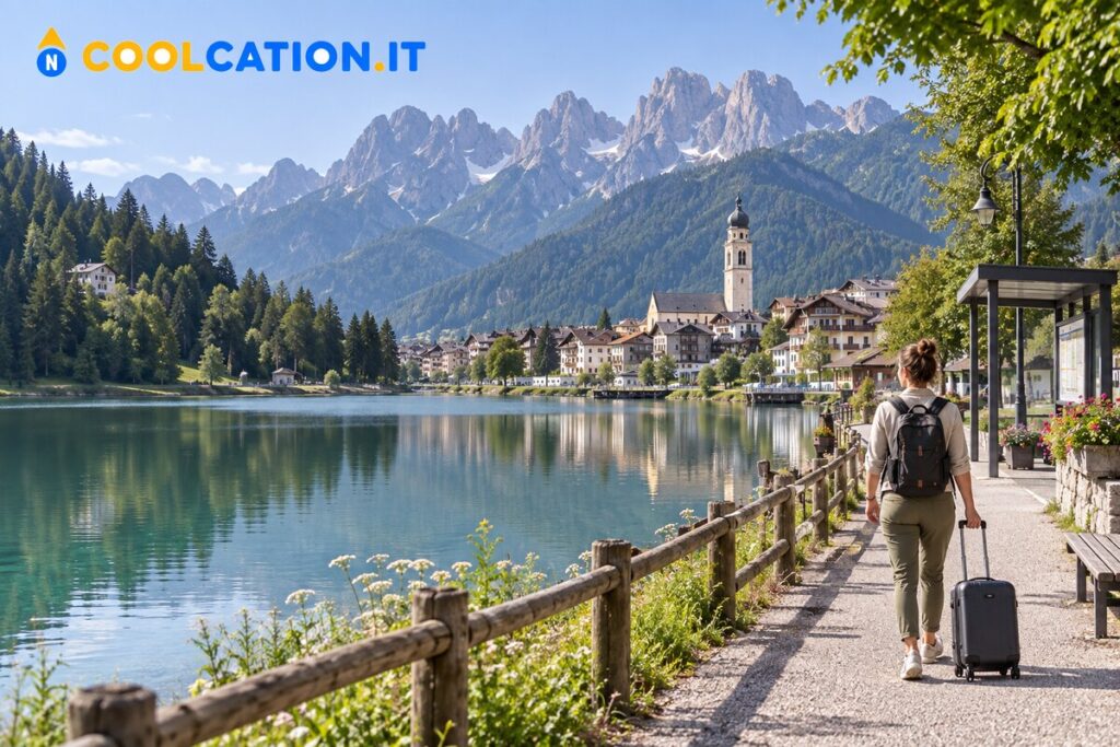 Viaggiatrice sul lungolago di Auronzo con le Dolomiti sullo sfondo