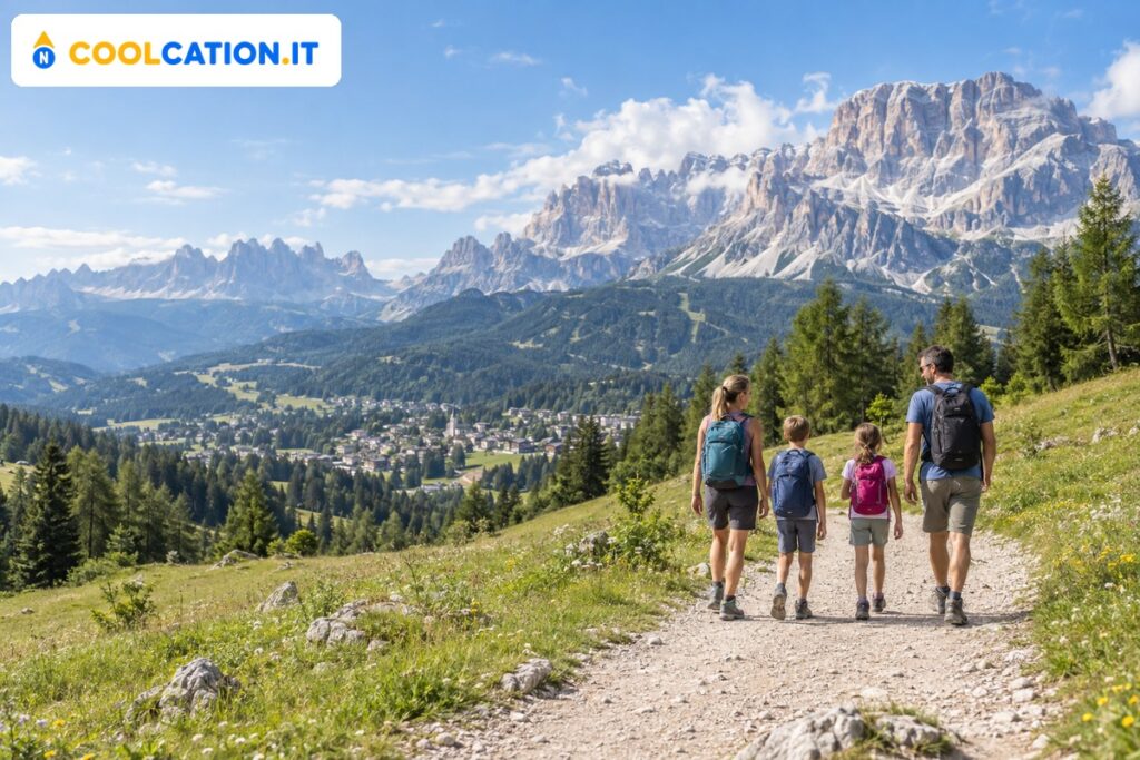 Famiglia con bambini su un sentiero facile sopra Cortina d’Ampezzo