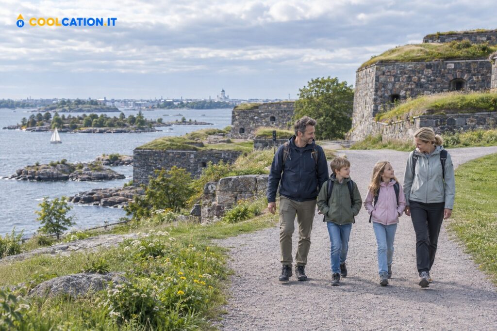 Famiglia con bambini sui bastioni di Suomenlinna davanti al mare di Helsinki