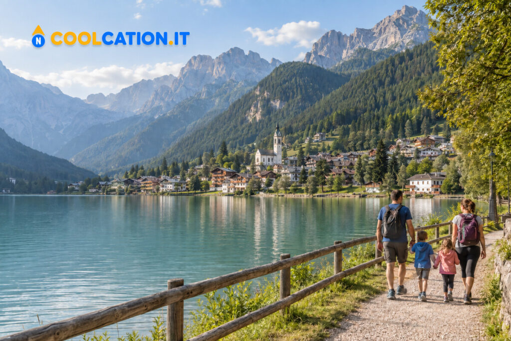 Famiglia sul Lago di Santa Caterina ad Auronzo con le Dolomiti sullo sfondo
