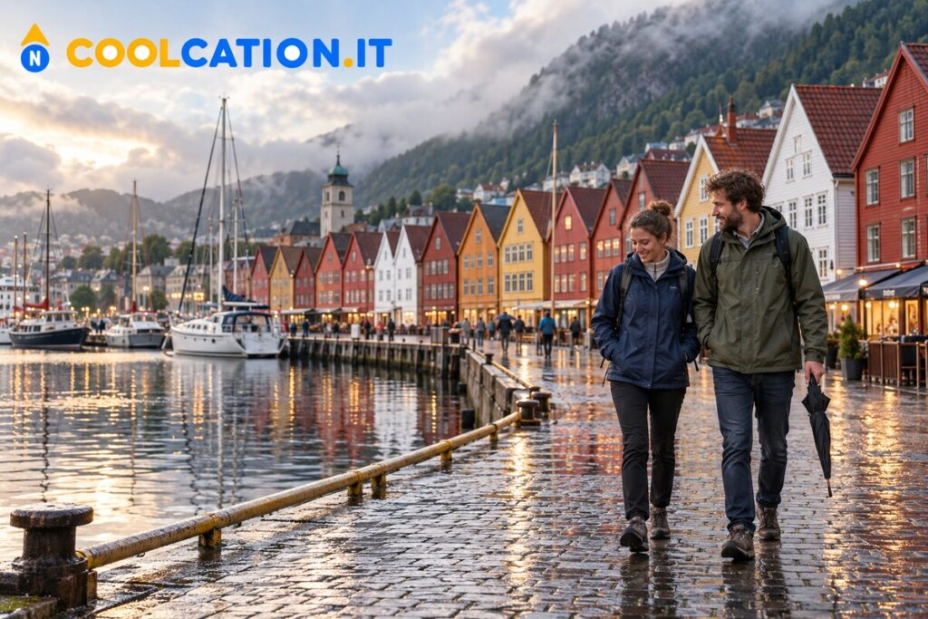 Coppia passeggia davanti a Bryggen a Bergen dopo un acquazzone estivo