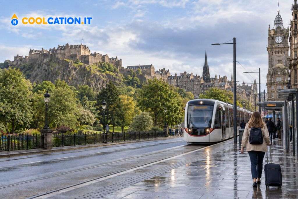 Viaggiatrice con trolley davanti al tram di Edimburgo, con il castello sullo sfondo