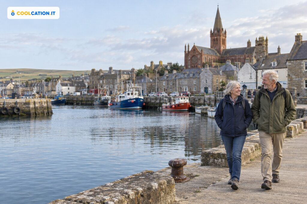 Coppia over 50 sul porto di Kirkwall con la Cattedrale di St Magnus sullo sfondo