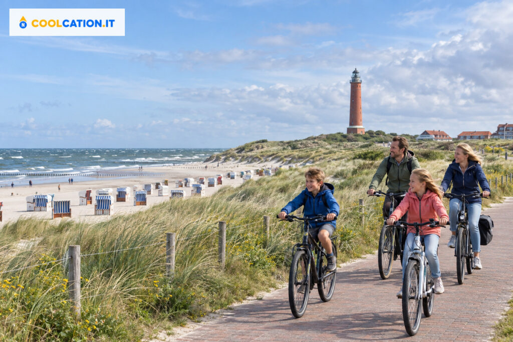 Famiglia in bicicletta tra le dune e la spiaggia di Norderney