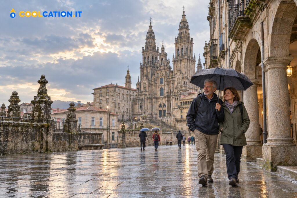 Coppia over 50 con ombrello sotto i portici di Santiago de Compostela